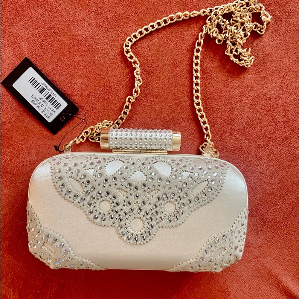 Badgley Mischka Cream and Gold Clutch with Ornate Crystal Details
